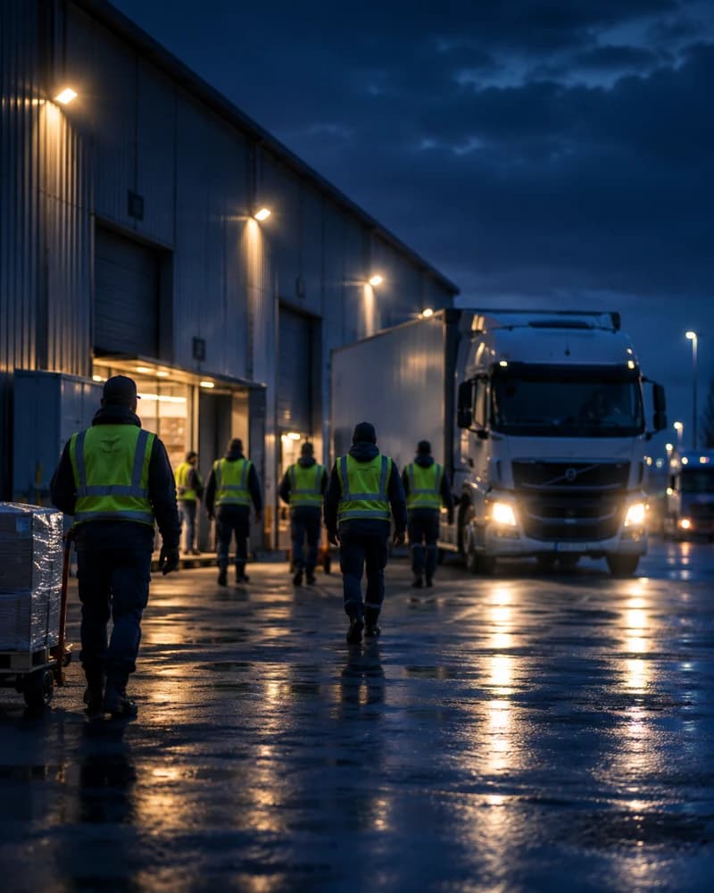 Workers arriving at a busy logistics depot at dusk.
