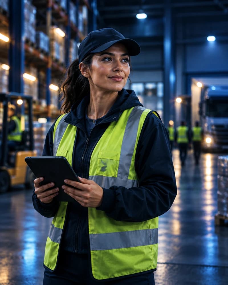 A worker holding a tablet in a warehouse.