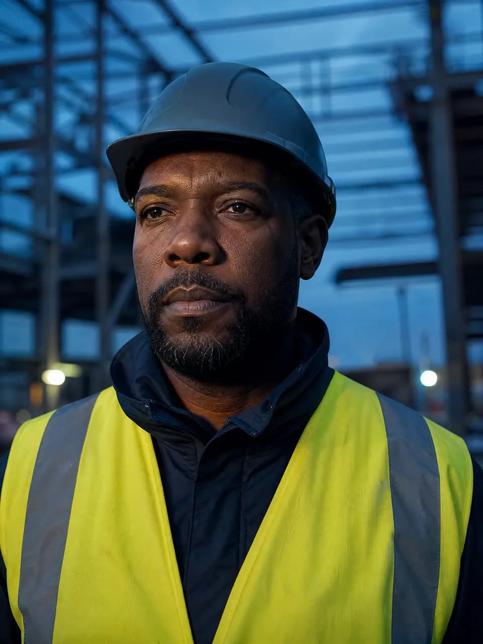 A Black construction site technician in a high-visibility vest and plain safety helmet at dawn.