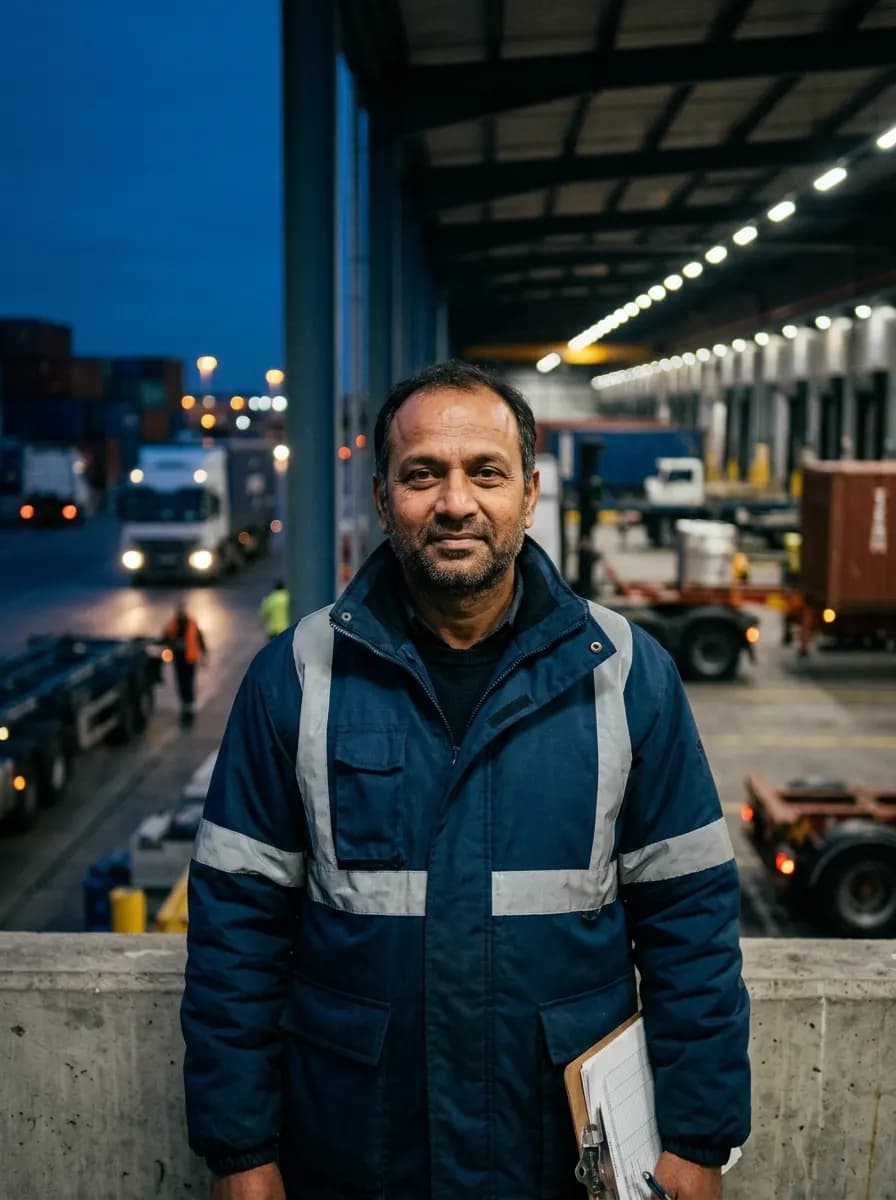 An Indian logistics transport coordinator in high-visibility jacket at a cargo dispatch hub.
