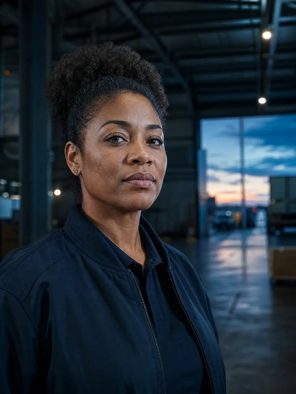 A Black woman operations lead in a work jacket, calm and confident in a distribution facility.