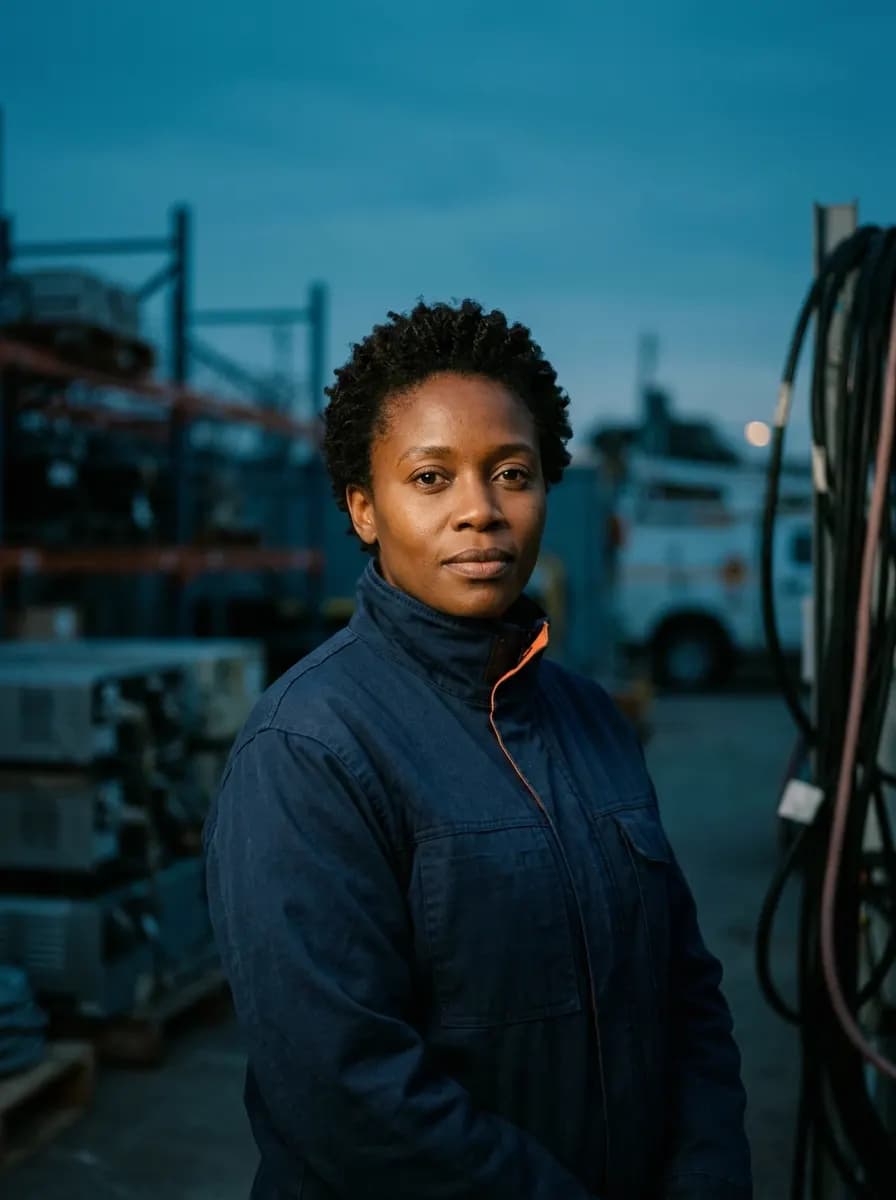 A Black woman utility specialist in work jacket in an industrial operations yard at blue hour.